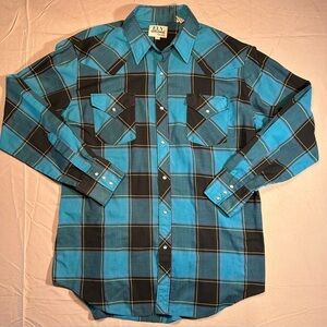 Ely Cattleman Long Sleeve Plaid Black & Turquoise Pearl Snap Men’s Large Shirt